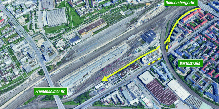 Lageplan, der den möglichen Verlauf des Radwegs Laim-Pasing im Umgriff der Barthstraße zeigt