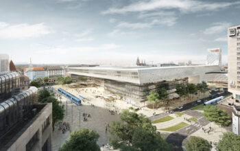 Visualisierung des neuen Bahnhofsgebäudes mit Bahnhofsvorplatz von Auer und Weber