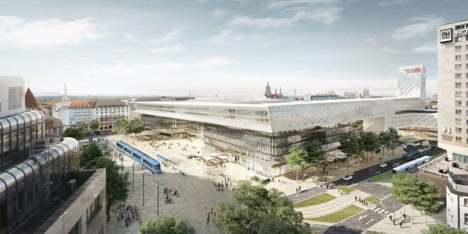 Visualisierung des neuen Bahnhofsgebäudes mit Bahnhofsvorplatz von Auer und Weber